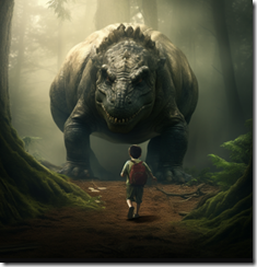 8 12 boy confronts dinosaur